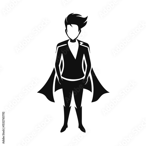 Boy superhero in cape with confident pose, cartoon silhouette in flat vector style, imagination and role model concept — concept: kids books, animation promo, child development brands.