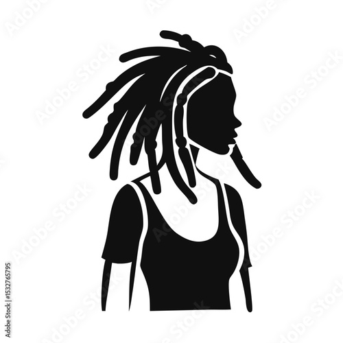 Side view of woman with dreadlocks wearing sleeveless top, shown in contrast silhouette style. cultural identity, afro hairstyle or fashion concept. diversity avatar, representation icon, lifestyle br