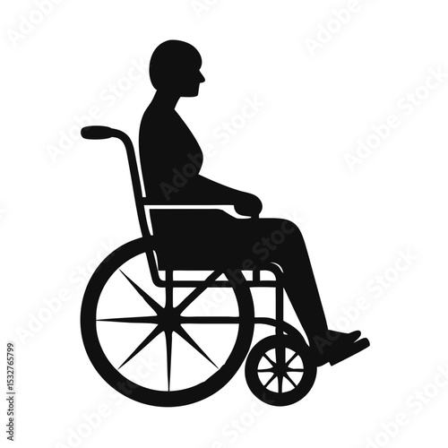 Side profile of person sitting in wheelchair in black silhouette, symbolizing mobility aid, accessibility or disability inclusion. healthcare material, inclusive signage, medical app concept
