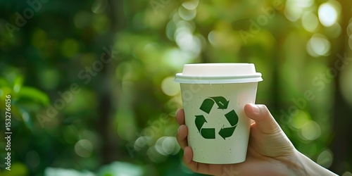 Hand Holding Recyclable Paper Coffee Cup with Green Recycling Symbol in Natural Outdoor Setting greenery environmentally