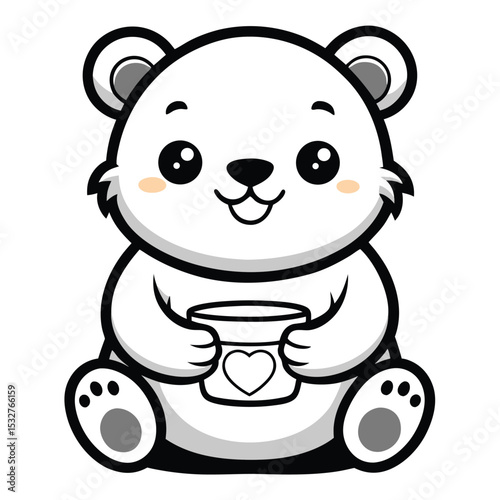 Adorable cartoon polar bear holding a heart mug