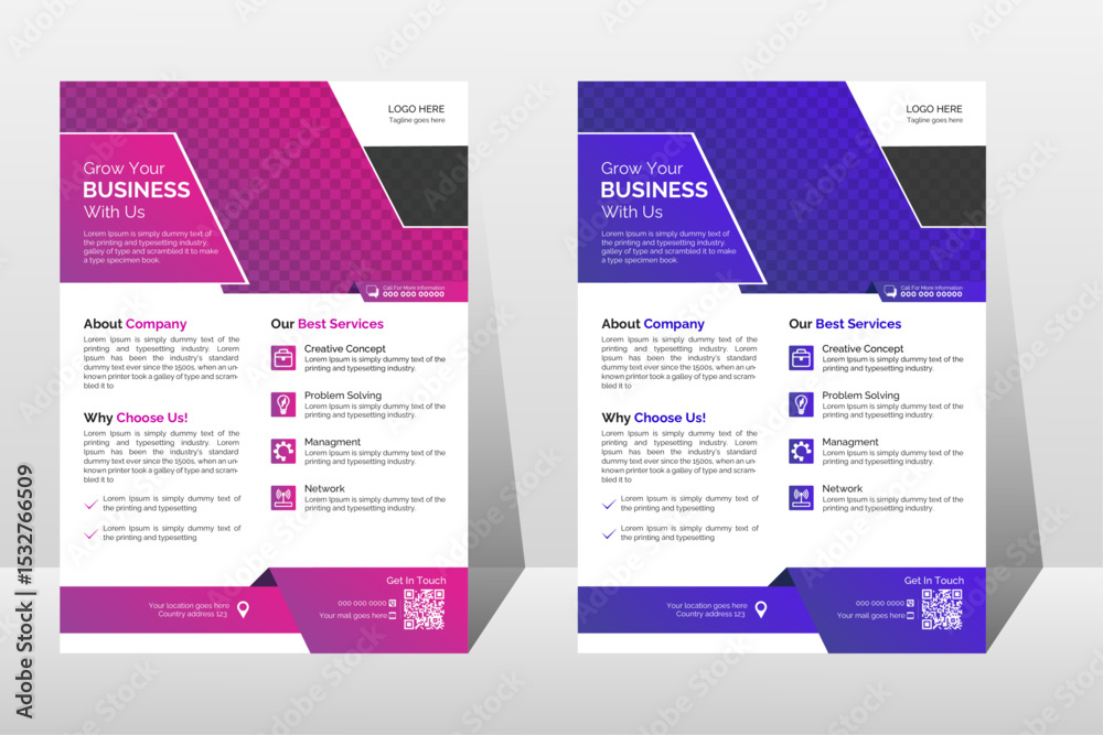Obraz premium Corporate business flyer template with modern layout and city background.