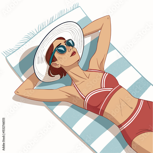 Woman Sunbathing Vector – Summer Beach Relaxation Illustration with Hat and Sunglasses

