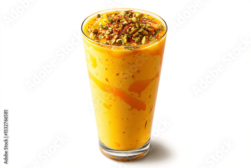 A photorealistic Indian mango lassi in a tall glass