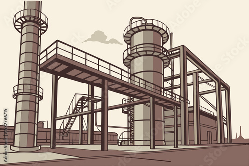 Monochrome vector of industrial oil refinery with towers and pipe network