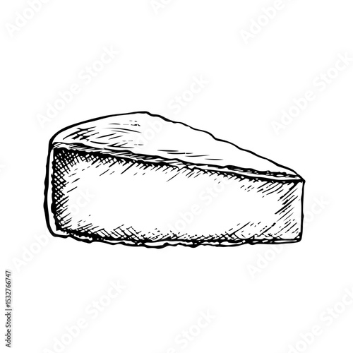A piece of cheese camembert. Vector graphics, black and white hand-drawn illustrations. Isolate on a white background. For packages and labels. For banners and posters. For restaurant and bar menus.