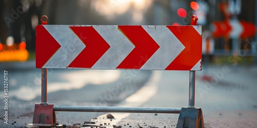 Construction Road Barrier with Red and White Chevron Sign in Focus with Blurred Background transportation concept