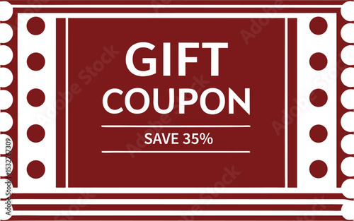 Elegant Gift Coupon Design for Savings: A Theatrical Theme with Maroon and White Accents, Offering a Generous Discount of 35 Percent, Perfect for Special Occasions and Promotions