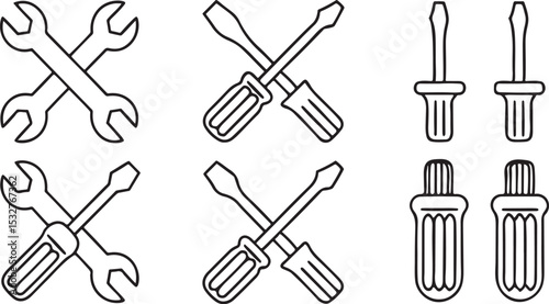 Wrench and Screwdriver Icon Vector Industrial Tools in Minimalist Line Design for Repair Mechanical UI or Blueprint