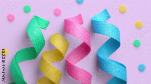 Festive curled ribbon streamers in vibrant colors for celebrations and decorations at parties. International Clown Week