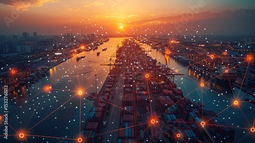 Aerial view of a bustling port at sunset with cargo ships and containers being transported, showing a complex supply chain visualization