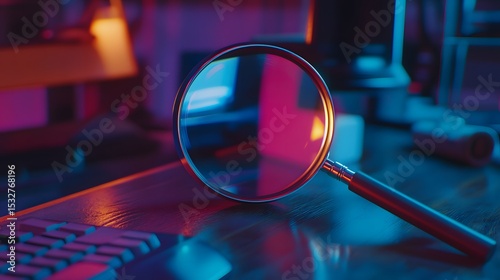 Magnifier on desk representing keyword research tool interface with a focus on information discovery and analysis