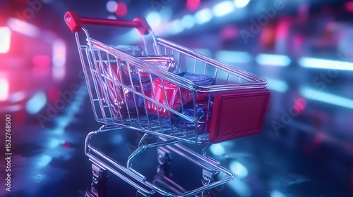 Online shopping cart filled with discount tags representing e-commerce and digital shopping experience in retail