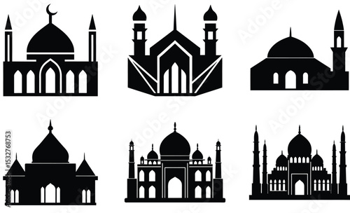 Mosque Silhouette Vector Collection – Diverse Islamic Architecture Styles Featuring Domes, Minarets, and Cultural Designs for Religious and Heritage Projects