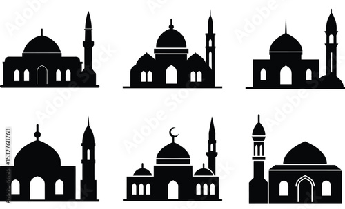 Mosque Silhouette Vector Collection – Diverse Islamic Architecture Styles Featuring Domes, Minarets, and Cultural Designs for Religious and Heritage Projects