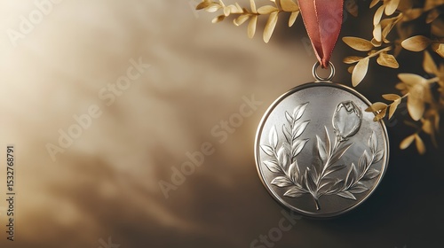 Medal hanging from a tree branch symbolizing achievement and success in an outdoor natural setting