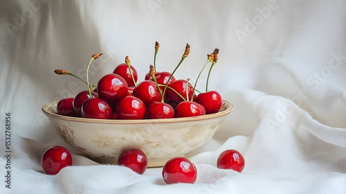 Artistic Composition Showcasing Plump Vibrant Red Cherries in a Vintage Bowl on Immaculate Draped White Fabric Background with Rich Hues