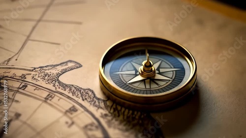Close-up of vintage compass and antique nautical map focusing on exploration and direction, navigation tools, wayfinding and cartography