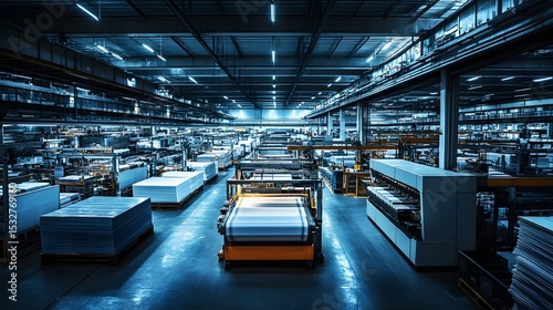 Expansive Industrial Printing Facility with Automated Machines and Massive Paper Stacks Operating at Full Capacity