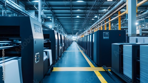 Ultra-Modern Printing Plant with Advanced Machines and Towering Paper Piles in a High-Speed Production Environment