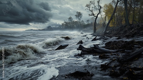 Epic Coastal Floodscape: Extreme Rainfall and the Spectacular Aftermath of Nature's Raw, Unyielding Power Transforming the Drenched Shoreline