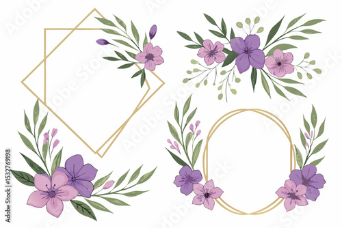 Elegant Floral Frame Collection with Purple Flowers and Green Leaves Featuring Geometric Gold Frames for Wedding Invitations Cards and Decorative Design Elements on a