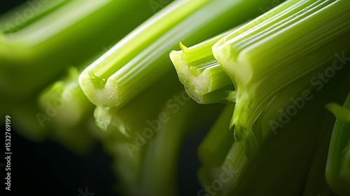 Elegant Levitating Celery Stalks in a Shadowy Backdrop: A Close-Up of Natural Fibrous Detail with Selective Focus