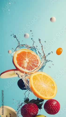 Vibrant splash of assorted fruits including oranges, apples, strawberries, and a splash of water