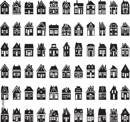 Large Icon Set of Residential Homes – Black and White Vector Collection