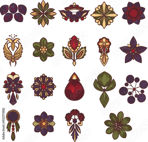 Exquisite vector illustrations of vintage-inspired brooches and floral motifs, perfect for elegant jewelry, fashion, and sophisticated design projects.