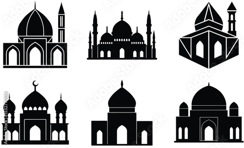 Mosque Silhouette Vector Collection – Diverse Islamic Architecture Styles Featuring Domes, Minarets, and Cultural Designs for Religious and Heritage Projects