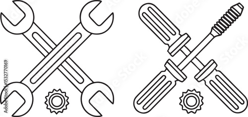 Wrench Screwdriver Bolts Icon Set Vector Black Mechanical Tool Collection for Technical UI Engineering and Repair