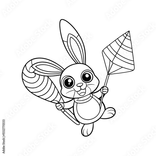 Bunny Flying a Kite with Flowers Coloring Page