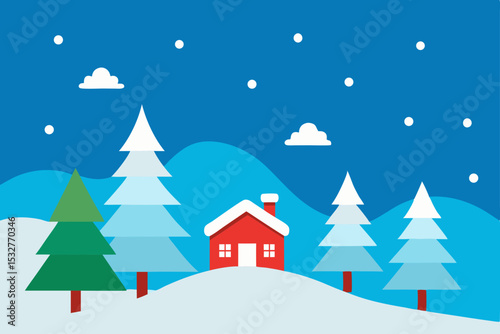 Cozy Winter Wonderland A Red Cabin nestled amidst Snowy Hills and Evergreen Trees