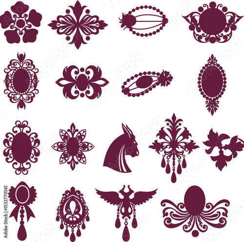 Exquisite vector illustrations of vintage-inspired brooches and floral motifs, perfect for elegant jewelry, fashion, and sophisticated design projects.