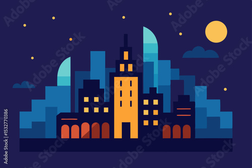 Night Cityscape A Flat Design Illustration of a Modern Metropolis at Night