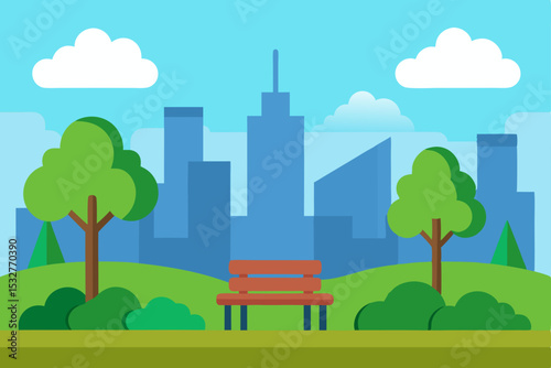 Urban Oasis City Park Illustration with Bench and Lush Greenery