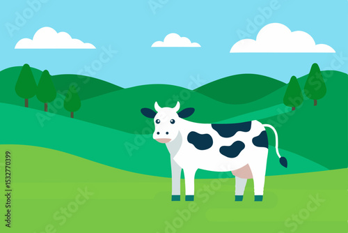 Idyllic Cow in Rolling Green Pasture A Charming Farmland Scene