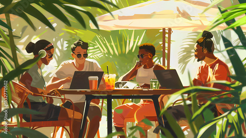 Group of young multicultural digital nomads working on laptops in an open-air café with tropical plants and iced drinks. Summer remote work, freelancer lifestyle, digital lifestyle in summer