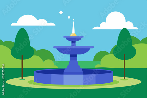 Serene Park Fountain Tranquil Landscape Illustration