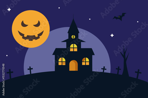 Spooky Halloween Night Haunted House under Jack-o'-lantern Moon