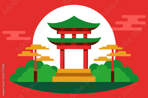 Serene Asian Temple Gate Tranquil Landscape Illustration