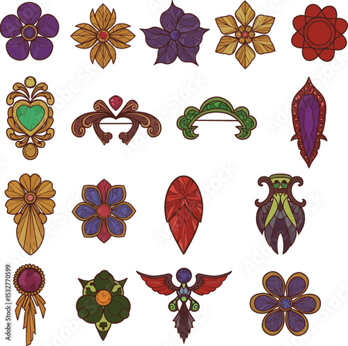 Exquisite vector illustrations of vintage-inspired brooches and floral motifs, perfect for elegant jewelry, fashion, and sophisticated design projects.
