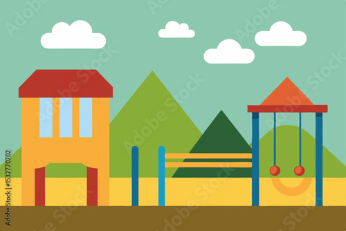 Joyful Playground Scene Colorful Swings, Play House, and Climbing Bars