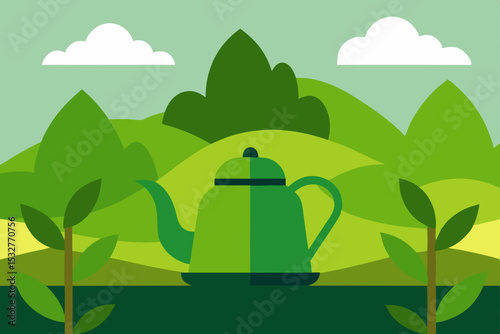 Serene Green Tea Kettle Landscape A Tranquil Nature Illustration