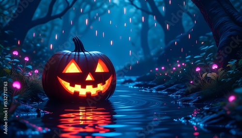 A magical Halloween jack-o'-lantern pumpkin glows in an enchanted forest stream, surrounded by mystical lights and its own reflection.
