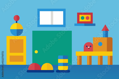Cartoon vector illustration of a child's bedroom interior design with furniture, toys, and decoration