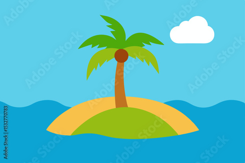 Tropical island paradise with a single palm tree on a sun-drenched beach, perfect for a summer vacation