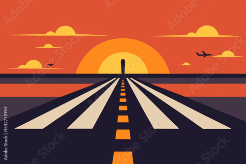 Sunset highway leading to the city, an abstract journey on an asphalt path under a vast sky, symbolizing direction and success