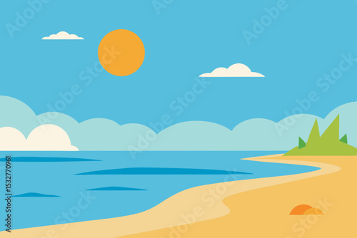 Tropical beach and sea vector illustration with sand, ocean, sunny sky, and island landscape perfect for summer travel vacation